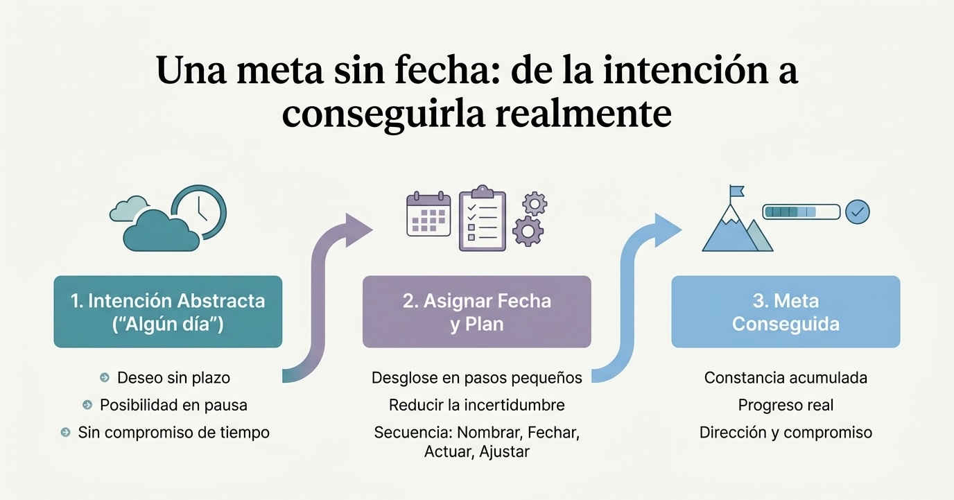 Esquema: de la intención sin fecha a la meta conseguida, pasando por asignar fecha y plan